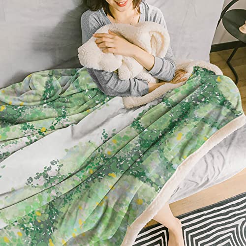 Green Yellow Sherpa Fleece Soft Double-Layered Fluffy Blanket, Watercolor Teal Ombre Leaves Botanical Warm Throw Blankets for Living Room, Bedroom, 59" W x 79" L