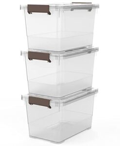 wyt 7-quart clear plastic storage latch box/bins, 3-pack storage organizer box with brown latching handle and lid, 7-litre