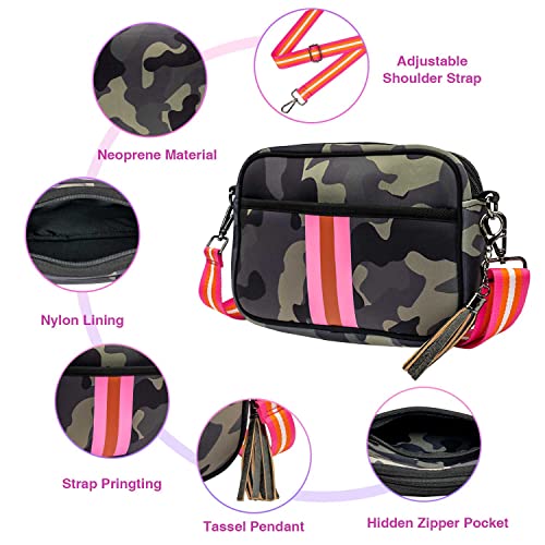 CELELA Small Crossbody Bags for Women Neoprene Bag Waterproof Messenger Bag Purses with Guitar Strap Tassel (green camo)