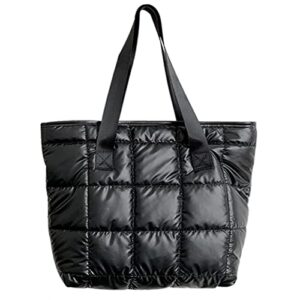 puffer tote bag large quilted puffy tote bag soft down cotton padded shoulder bag quilted bag for womens handbag black