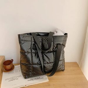 Puffer Tote Bag Large Quilted Puffy Tote Bag Soft Down Cotton Padded Shoulder Bag Quilted Bag for Womens Handbag Black