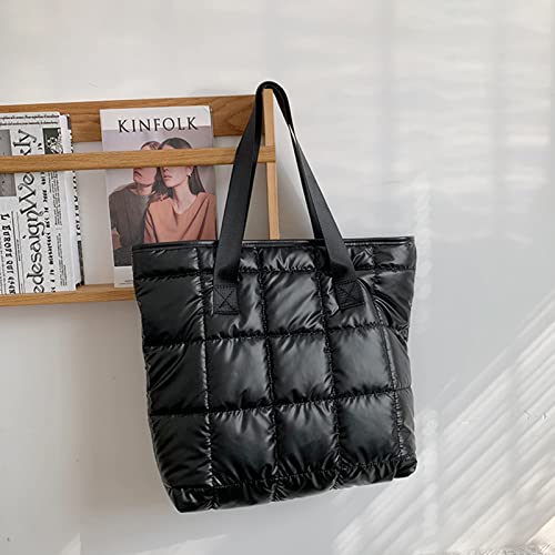 Puffer Tote Bag Large Quilted Puffy Tote Bag Soft Down Cotton Padded Shoulder Bag Quilted Bag for Womens Handbag Black