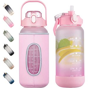 kytffu 64oz glass water bottles with straw, half gallon motivational time marker water bottle glass with neoprene sleeve, 2l leakproof large glass water jug for gym,pink