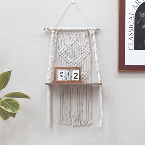 Single Tier Macrame Boho Wall Hanging Shelf, Handmade Bohemian Wooden Woven Plants Floating Shelves Decor,