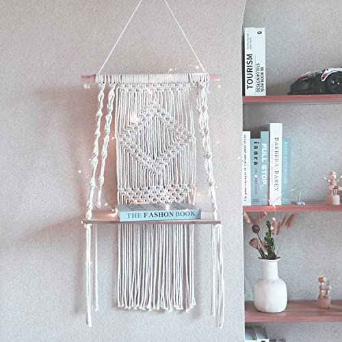 Single Tier Macrame Boho Wall Hanging Shelf, Handmade Bohemian Wooden Woven Plants Floating Shelves Decor,