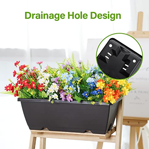 Whonline 8 Pack Window Box Planter 17 Inch Black Plastic Vegetable Flower Planters Boxes Rectangular Flower Pots with Saucers for Indoor Outdoor Garden Patio