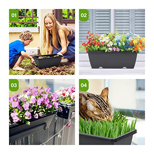 Whonline 8 Pack Window Box Planter 17 Inch Black Plastic Vegetable Flower Planters Boxes Rectangular Flower Pots with Saucers for Indoor Outdoor Garden Patio