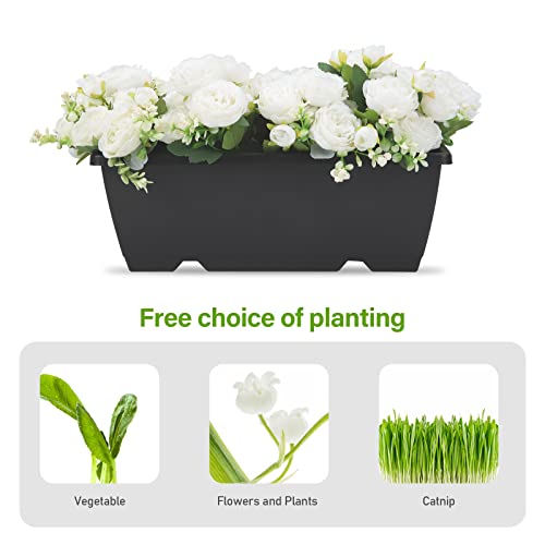 Whonline 8 Pack Window Box Planter 17 Inch Black Plastic Vegetable Flower Planters Boxes Rectangular Flower Pots with Saucers for Indoor Outdoor Garden Patio