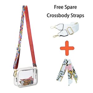 KlaOYer 2 Adjustable Strap PVC Clear Crossbody Bags with Silk, Stadium Approved Transparent Shoulder Bag Handbag Small Square Phone Bag Zipper Purse(white)