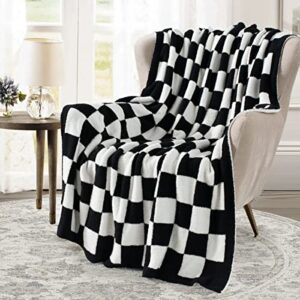 carriediosa black checkered blanket, soft fluffy plaid throw blanket for sofa bed chair, knitted farmhouse luxurious microfiber feather yarn warm blankets (black check 50″ x 60″)