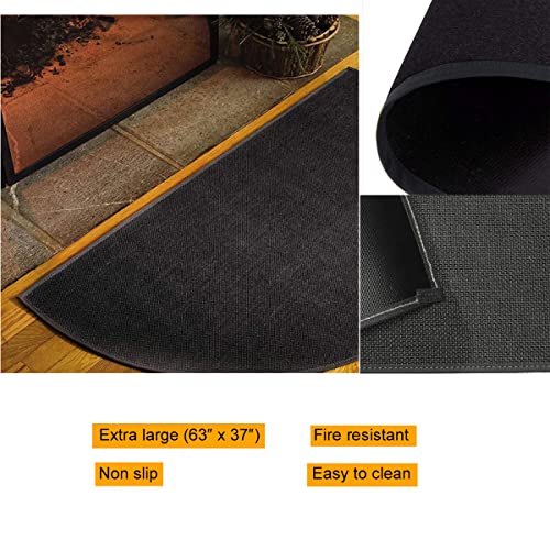 63″x37″ Extra Large Half Round Fireproof Fireplace Mat Hearth Area Rug - Fire Retardant Fiberglass Carpet - Fire Flame Resistant Floor Covering Protection Pad Non-Slip Floor Protector