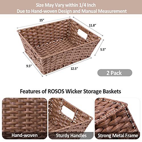 ROSOS Wicker Baskets 15", Waterproof Wicker Storage Baskets for Shelves 2 Pack, Hand-Woven Large Wicker Baskets for Storage, Washable Plastic Wicker Baskets for Organizing with Sturdy Built-in Handles