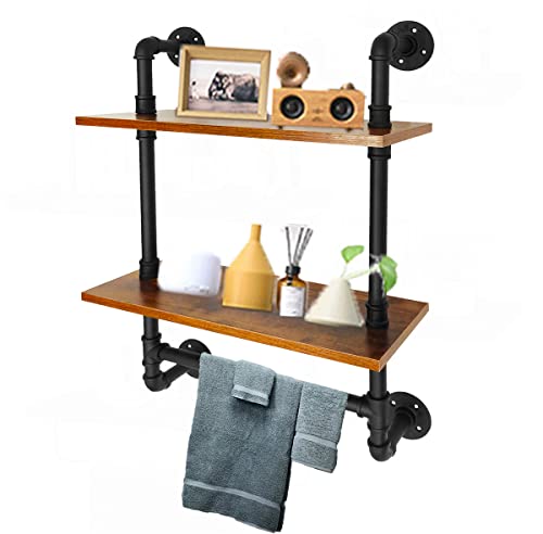 Industrial Pipe Shelving,Iron Pipe Shelves Industrial Bathroom Shelves with Towel bar,20 in Rustic Metal Pipe Floating Shelves Pipe Wall Shelf,2 Tier Industrial Shelf Wall Mounted