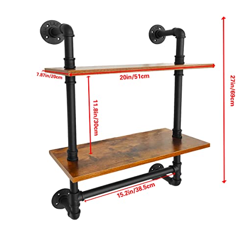 Industrial Pipe Shelving,Iron Pipe Shelves Industrial Bathroom Shelves with Towel bar,20 in Rustic Metal Pipe Floating Shelves Pipe Wall Shelf,2 Tier Industrial Shelf Wall Mounted