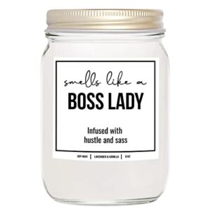 younique designs boss lady candle, 8 ounces, boss lady candles for women, boss candle, boss bade, white all natural soy vegan aromatherapy candles for home scented (lavender & vanilla)