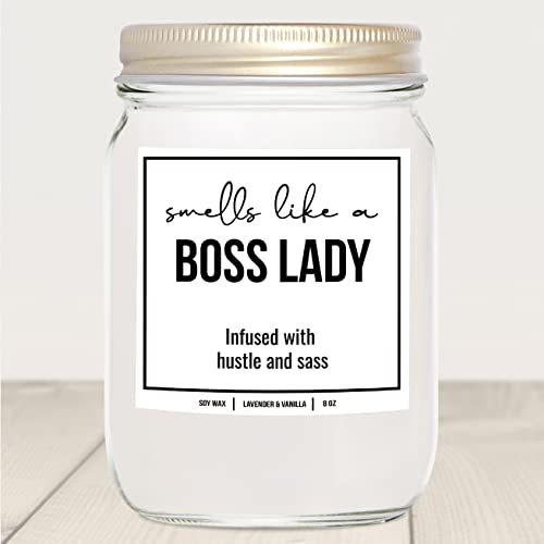 YouNique Designs Boss Lady Candle, 8 Ounces, Boss Lady Candles for Women, Boss Candle, Boss Bade, White All Natural Soy Vegan Aromatherapy Candles for Home Scented (Lavender & Vanilla)