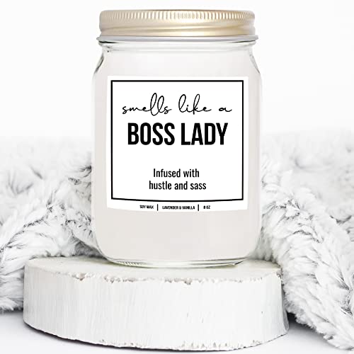 YouNique Designs Boss Lady Candle, 8 Ounces, Boss Lady Candles for Women, Boss Candle, Boss Bade, White All Natural Soy Vegan Aromatherapy Candles for Home Scented (Lavender & Vanilla)