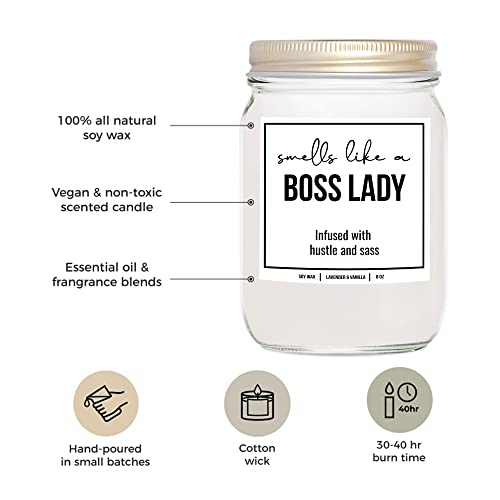 YouNique Designs Boss Lady Candle, 8 Ounces, Boss Lady Candles for Women, Boss Candle, Boss Bade, White All Natural Soy Vegan Aromatherapy Candles for Home Scented (Lavender & Vanilla)