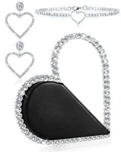 henoyso cute mini heart shape women evening clutch bag rhinestone choker necklace heart earrings for valentine’s day gift (black)