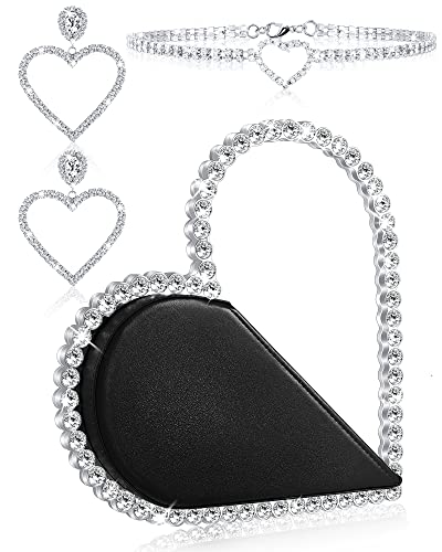 Henoyso Cute Mini Heart Shape Women Evening Clutch Bag Rhinestone Choker Necklace Heart Earrings for Valentine's Day Gift (Black)