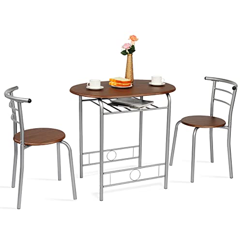 VINGLI 3 Piece Dining Set,Small Kitchen Table Set for 2,Breakfast Table Set,Kitchen Wooden Table and 2 Chairs for Small Space/Dining Room/Apartment,Metal Frame,Wine Rack,Sliver&Brown