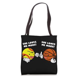 she loves me more funny softball basketball player tote bag