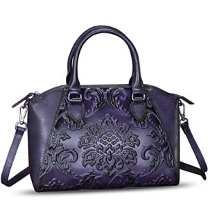 genuine leather satchel for women embossed leather handbag top handle bags handmade purse crossbody tote handbags (purple)