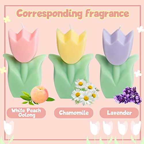 COcnny 3pcs Spring Tulip Candle Easter Decor, Tulip Shaped Scented Candles Decorations, Flower Aesthetic Paraffin Soy Wax Stress Relief Aromatherapy Candle for Home Bedroom Birthday Gift Party Favors