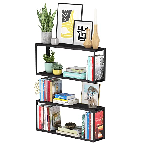 Wallniture Roca 2 Tier Floating Shelves for Living Room Decor, 24"x6" Black Bookshelf for Office Supplies, Bedroom, Bathroom Organizer for Bathroom Accessories, Set of 2