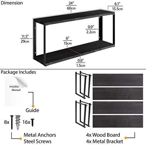 Wallniture Roca 2 Tier Floating Shelves for Living Room Decor, 24"x6" Black Bookshelf for Office Supplies, Bedroom, Bathroom Organizer for Bathroom Accessories, Set of 2