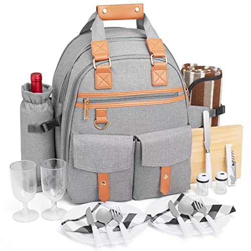 DHAEE Picnic Backpack Bag for 4 Person with Cooler Compartment and Wine Holder,Fleece Blanket,Cutlery Set,for Camping,Beach,Day Travel,Hiking,BBQ and Family/Couples Gifts,Accessories,Supplies(Gray)