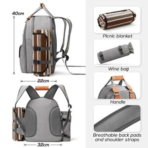 DHAEE Picnic Backpack Bag for 4 Person with Cooler Compartment and Wine Holder,Fleece Blanket,Cutlery Set,for Camping,Beach,Day Travel,Hiking,BBQ and Family/Couples Gifts,Accessories,Supplies(Gray)