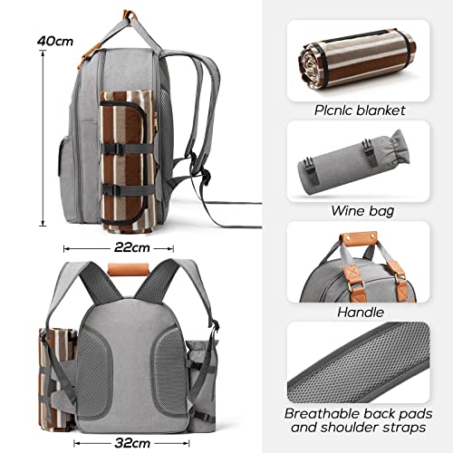 DHAEE Picnic Backpack Bag for 4 Person with Cooler Compartment and Wine Holder,Fleece Blanket,Cutlery Set,for Camping,Beach,Day Travel,Hiking,BBQ and Family/Couples Gifts,Accessories,Supplies(Gray)