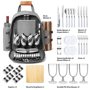 DHAEE Picnic Backpack Bag for 4 Person with Cooler Compartment and Wine Holder,Fleece Blanket,Cutlery Set,for Camping,Beach,Day Travel,Hiking,BBQ and Family/Couples Gifts,Accessories,Supplies(Gray)