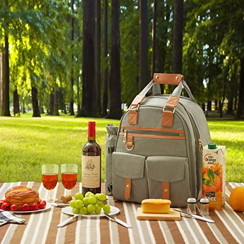 DHAEE Picnic Backpack Bag for 4 Person with Cooler Compartment and Wine Holder,Fleece Blanket,Cutlery Set,for Camping,Beach,Day Travel,Hiking,BBQ and Family/Couples Gifts,Accessories,Supplies(Gray)