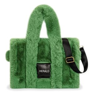 herald large tote bags for women soft winter fluffy fuzzy furry plush top handle purse and handbag with shoulder strap (green)