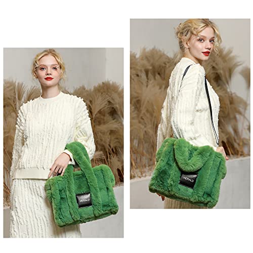 Herald Large Tote Bags For Women Soft Winter Fluffy Fuzzy Furry Plush Top Handle Purse and Handbag With Shoulder Strap (Green)