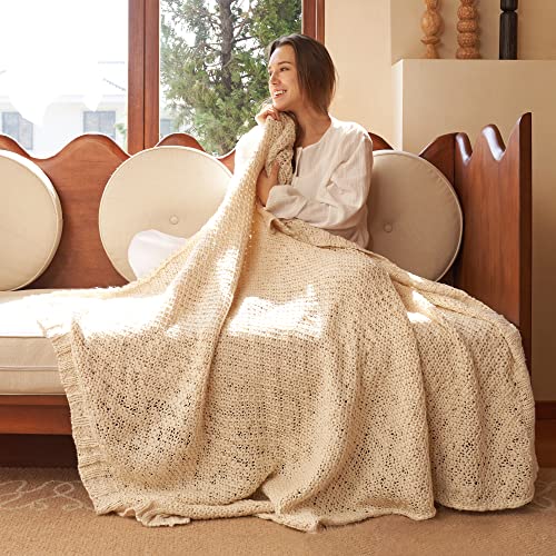 Amélie Home Chunky Slub Bulky Yarn Knit Blanket Textured Mulberry Woven Luxury Throw for Farmhouse Boho Decor Throw Blanket (Cream,50''x 60'')