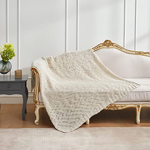 Amélie Home Chunky Slub Bulky Yarn Knit Blanket Textured Mulberry Woven Luxury Throw for Farmhouse Boho Decor Throw Blanket (Cream,50''x 60'')