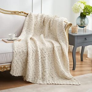 Amélie Home Chunky Slub Bulky Yarn Knit Blanket Textured Mulberry Woven Luxury Throw for Farmhouse Boho Decor Throw Blanket (Cream,50''x 60'')