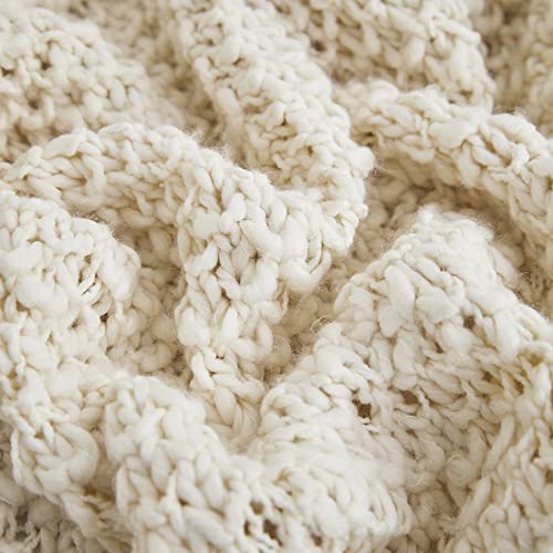 Amélie Home Chunky Slub Bulky Yarn Knit Blanket Textured Mulberry Woven Luxury Throw for Farmhouse Boho Decor Throw Blanket (Cream,50''x 60'')