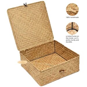 TICYACK Straw Storages Baskets With Lid, Hand-Woven of Seagrass Square Storage Bins, for Desktop Home Decoration (S/M/L)