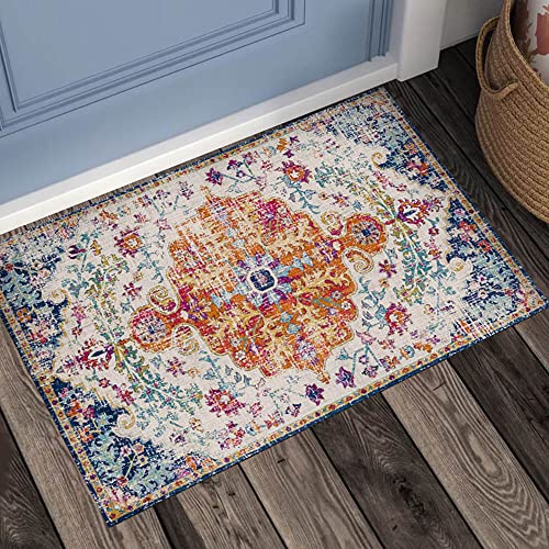 Urtlmaji Bohemian Medallion Area Rug- 2x3 Washable Rugs Non-Slip Vintage Distressed Floral Small Bath Rug Doormat Persian Oriental Throw Rugs Low Pile Carpet for Sink Kitchen Entry Bedroom Laundry