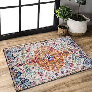 Urtlmaji Bohemian Medallion Area Rug- 2x3 Washable Rugs Non-Slip Vintage Distressed Floral Small Bath Rug Doormat Persian Oriental Throw Rugs Low Pile Carpet for Sink Kitchen Entry Bedroom Laundry