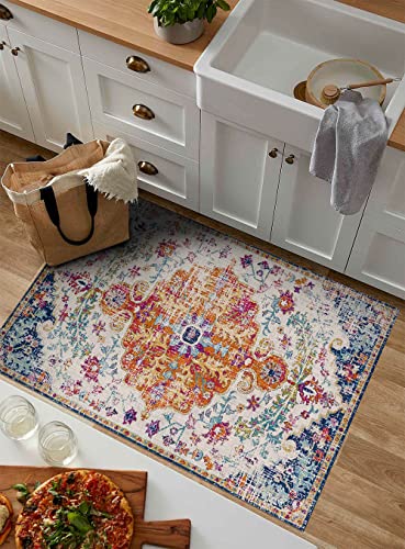 Urtlmaji Bohemian Medallion Area Rug- 2x3 Washable Rugs Non-Slip Vintage Distressed Floral Small Bath Rug Doormat Persian Oriental Throw Rugs Low Pile Carpet for Sink Kitchen Entry Bedroom Laundry