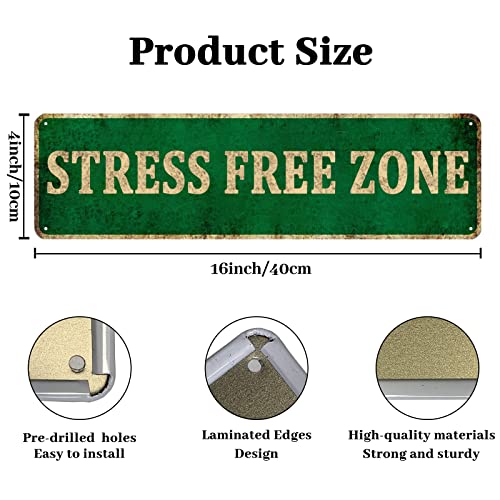 KIOZIY Tin Sign Stress Free Zone Rustic Lake Beach House Cottage Cabin Metal Signs 4" x 16"