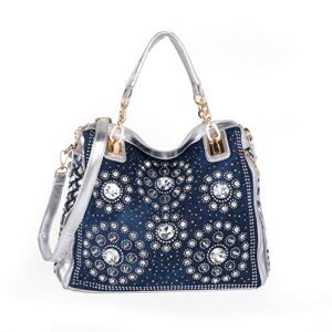 denim women shoulder bag crystal rhinestone purse handbag jeans crossbody bag ladies tote bag (silver)