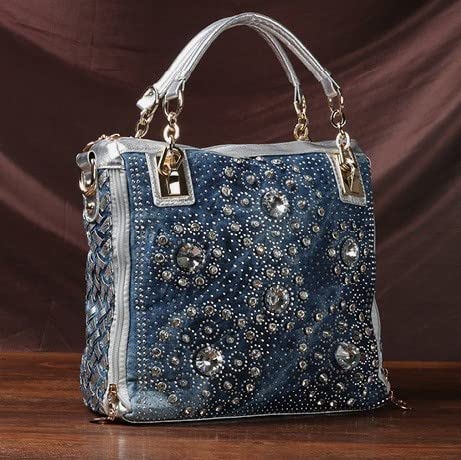 Denim Women Shoulder Bag Crystal Rhinestone Purse Handbag Jeans Crossbody Bag Ladies Tote Bag (silver)