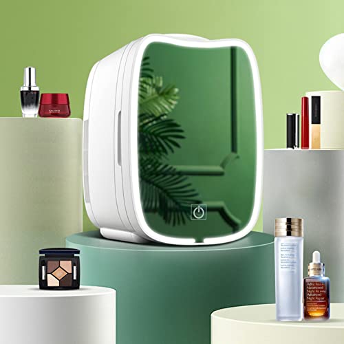 Portable Mirrored Fridge for Beauty Makeup with LED Lights Cooler for Creams Moisturizers Fragrance and Face Masks Skincare Makeup in Bedroom Dorm and Office,White