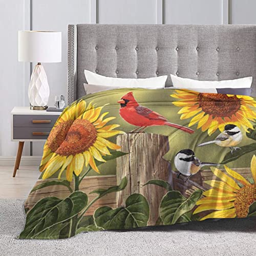 Fiokroo Rustic Sunflowers Floral Cardinal Birds Fleece Blanket Lightweight Cozy Ultra-Soft Throw Blanket Microfiber Blankets All Seasons for Home Bedroom Couch Sofa Travel 50x60 Inch